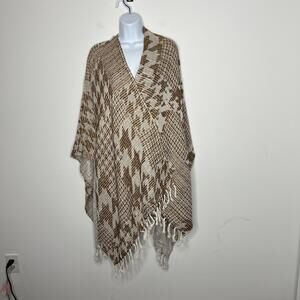 Soft Surroundings Poncho‎ Womens One Size Brown Tan Houndstooth Fringe Ruana
